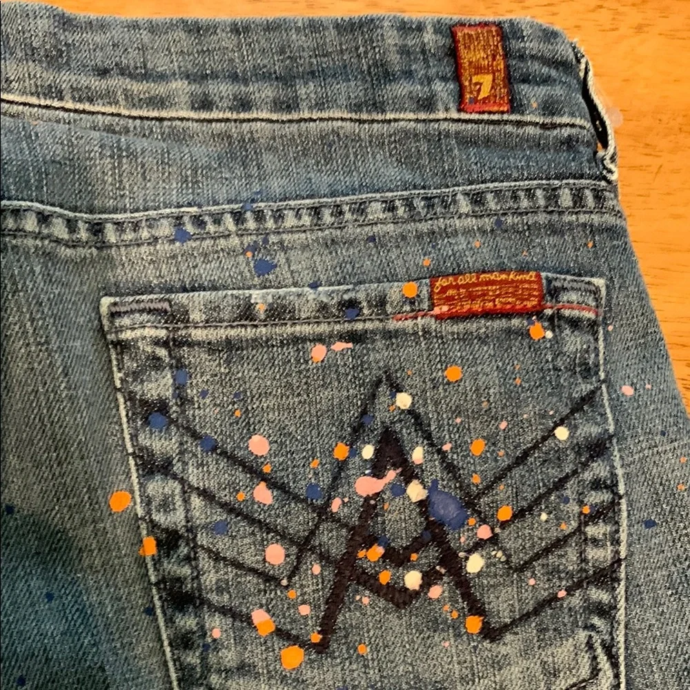 7 For All Mankind Blue Straight Leg Jeans with Paint Splatter